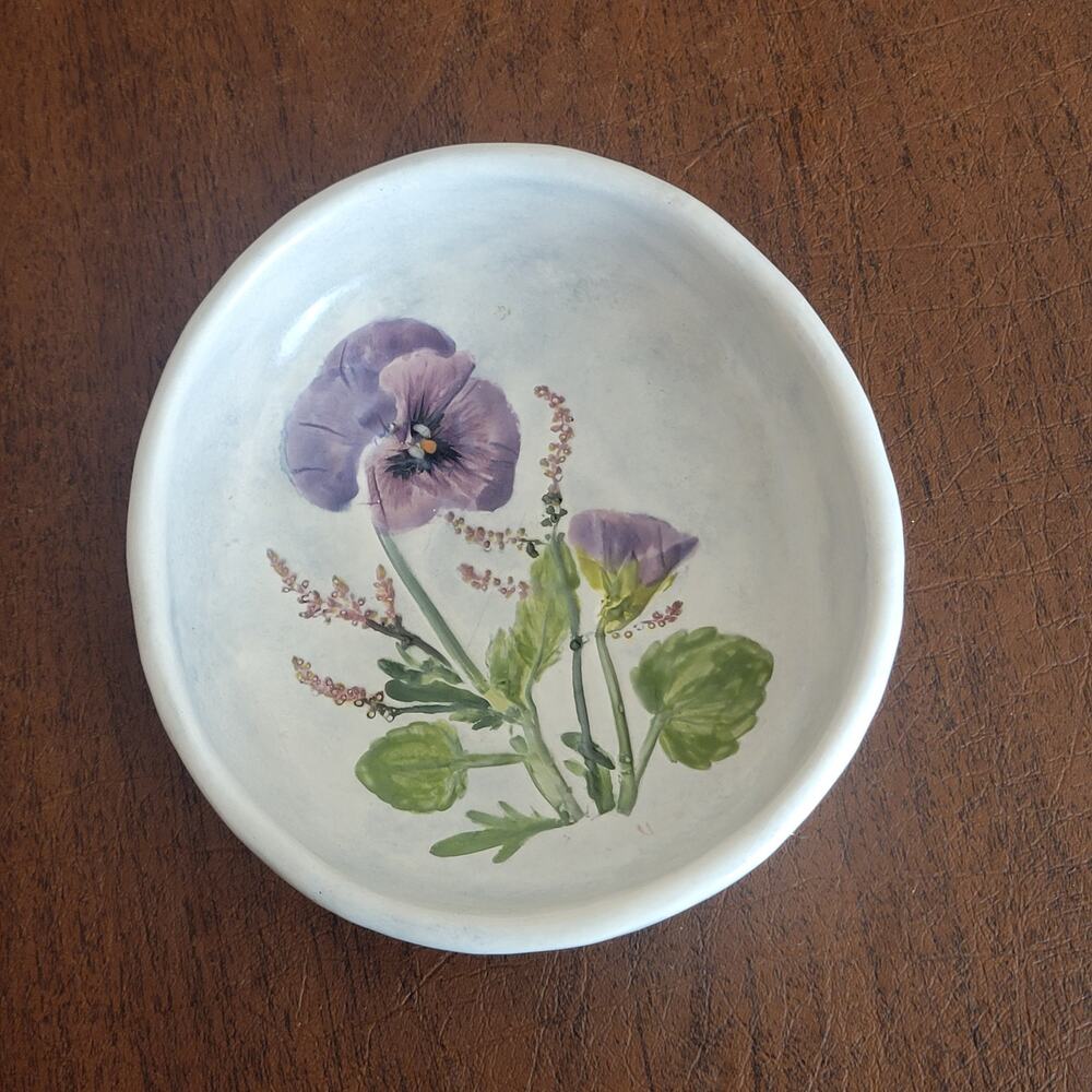 Vintage Salt Marsh Pottery Purple Pansy Flower Ceramic Bowl Wall Plaque 1990